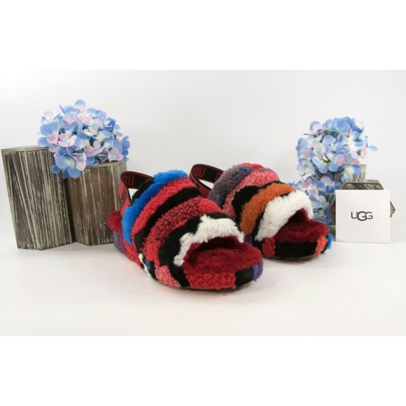 UGG Shoes - UGG Fluff Yea Cali Collage Red Sheepskin Fur Slippers Slides Sandals 9 NIB